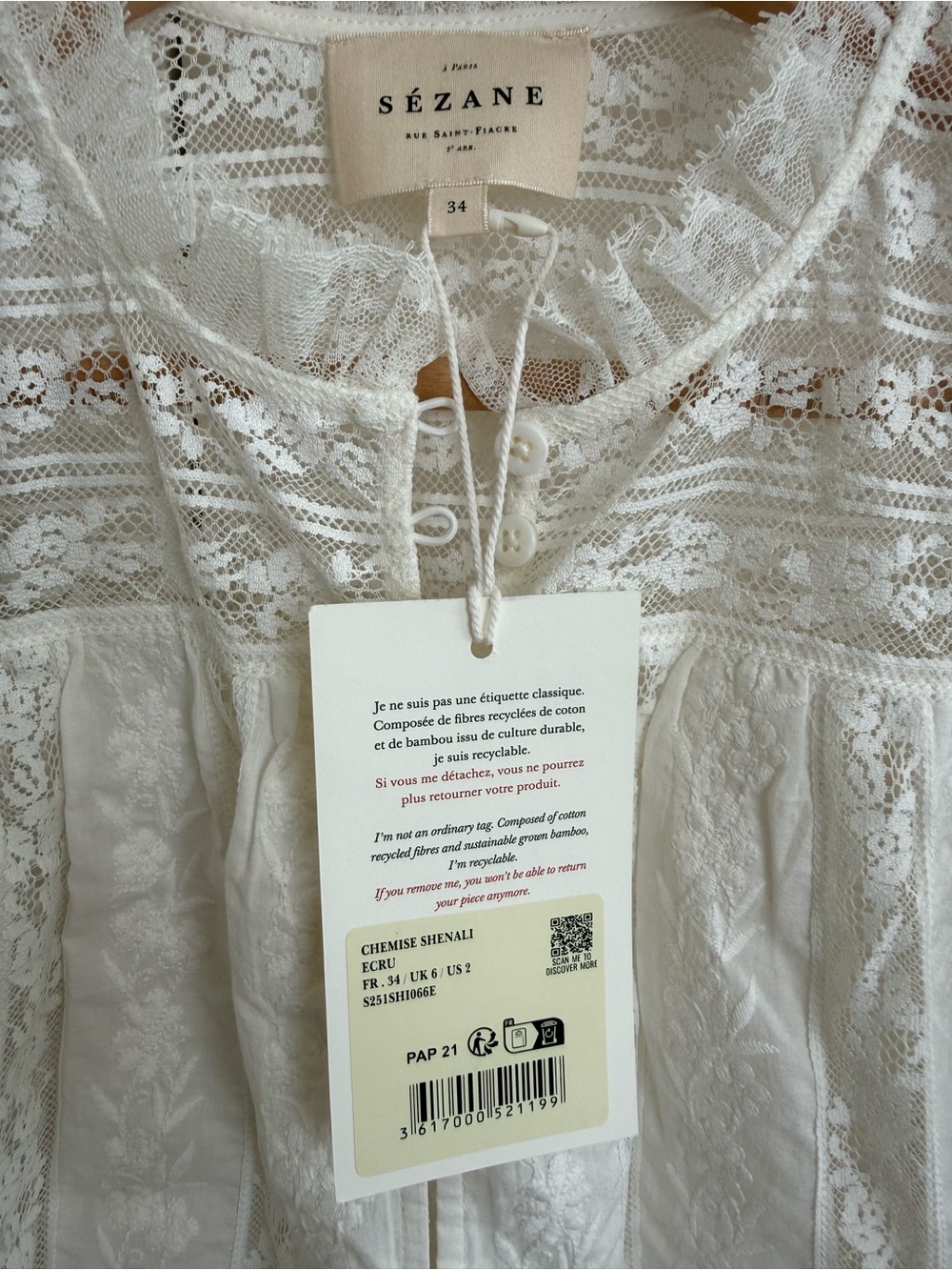 NWT Sezane Shenali - Button-up White Lace Blouse - Picture 3 of 10